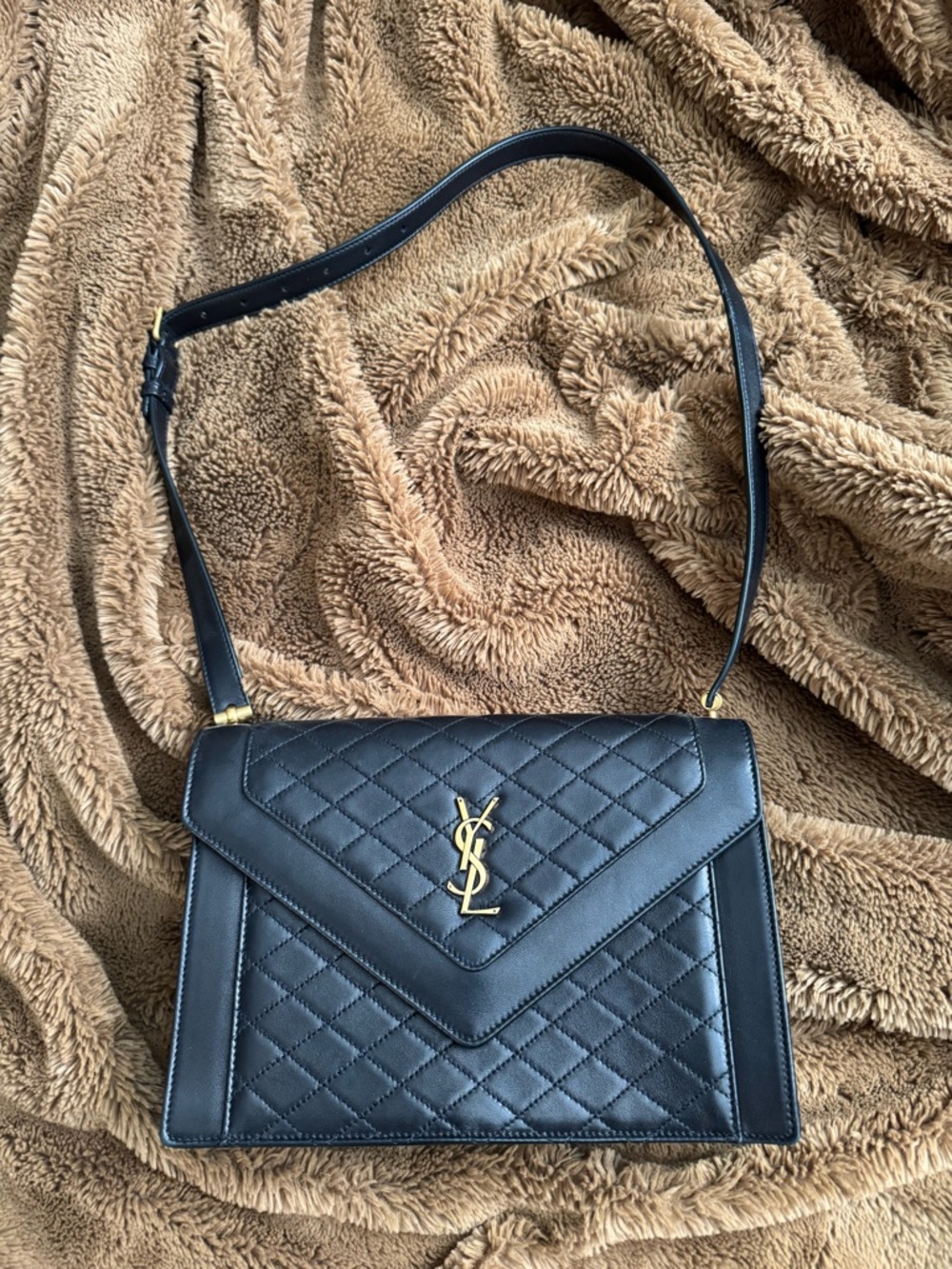 Saint Laurent Black Quilted Envelope Shoulder Bag with Gold YSL Hardware